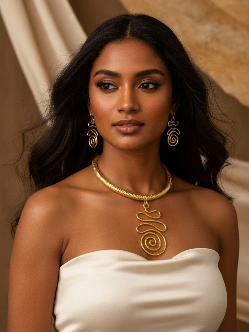 Gold Spiral Pendant Choker Necklace and Matching Drop Earrings - Women Jewelry